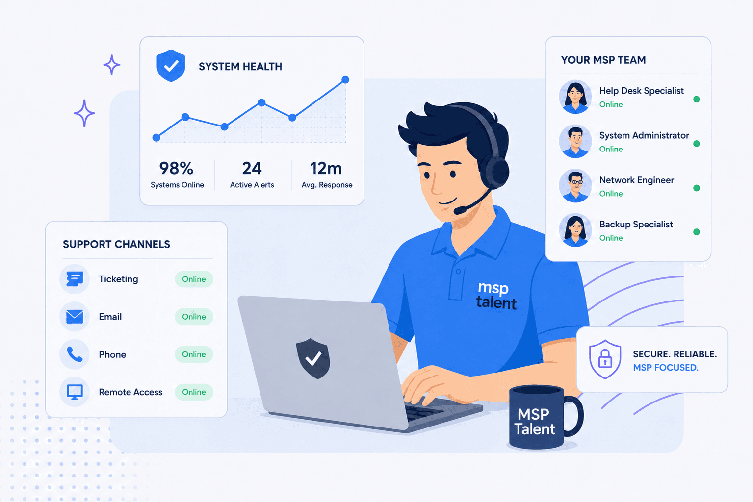 MSP support specialist managing tickets, alerts, and a remote team dashboard